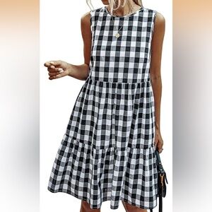 NWT new large prettygarden Plaid check Sleeveless tiered dress black white